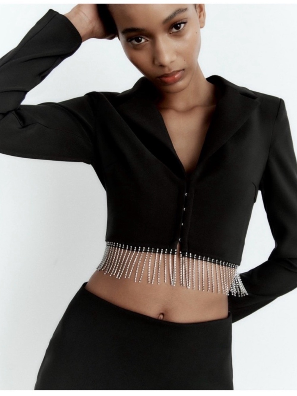 Zara Black Cropped Blazer with Rhinestone Fringe - Picture 2 of 5